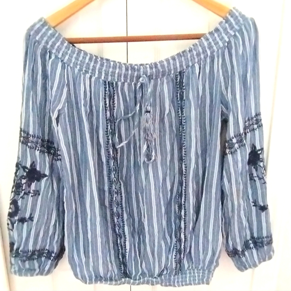 Floral, Embroidered Chambray Peasant Blouse